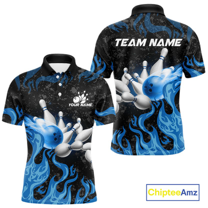 Blue Flaming Bowling Jersey For Men Custom Fire Bowling Pin Team Jersey Polo & Quarter Zip Shirts TDM6267