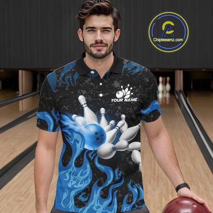 Blue Flaming Bowling Jersey For Men Custom Fire Bowling Pin Team Jersey Polo & Quarter Zip Shirts TDM6267