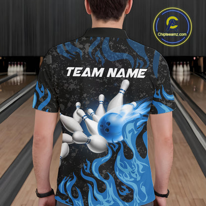Blue Flaming Bowling Jersey For Men Custom Fire Bowling Pin Team Jersey Polo & Quarter Zip Shirts TDM6267