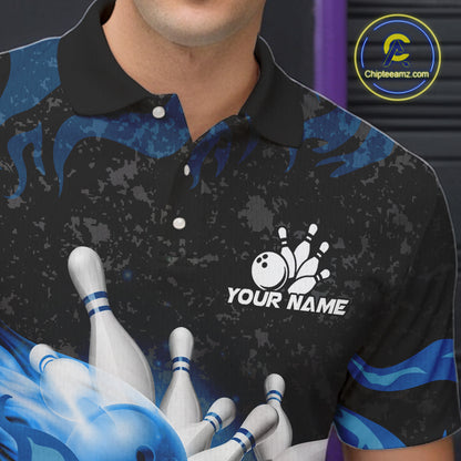 Blue Flaming Bowling Jersey For Men Custom Fire Bowling Pin Team Jersey Polo & Quarter Zip Shirts TDM6267