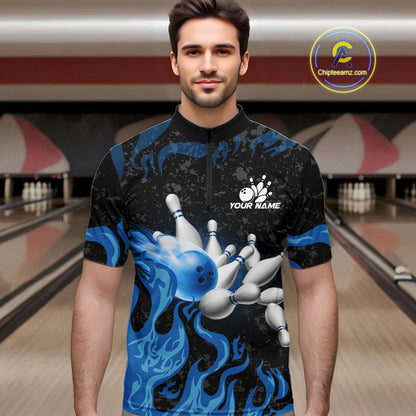 Blue Flaming Bowling Jersey For Men Custom Fire Bowling Pin Team Jersey Polo & Quarter Zip Shirts TDM6267