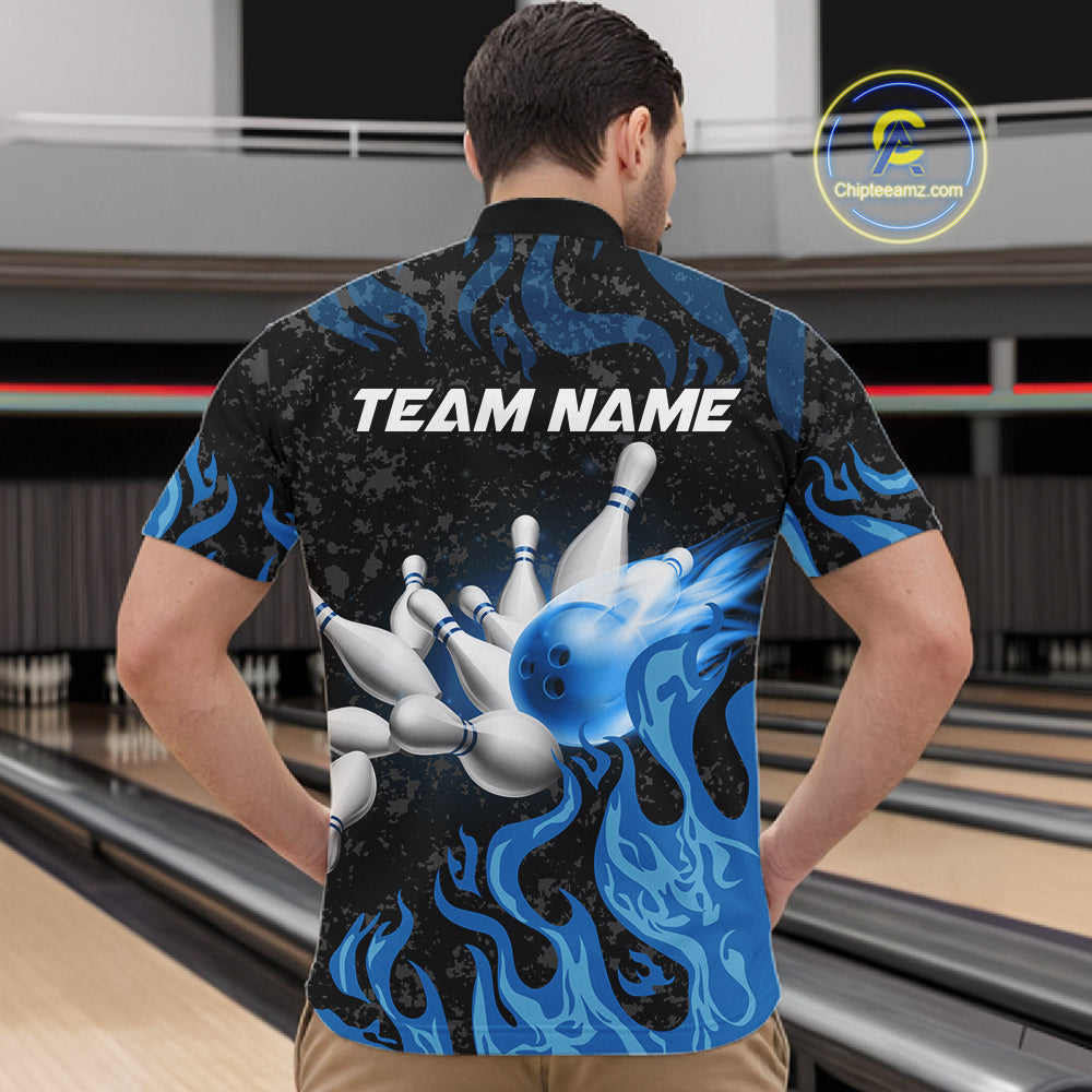 Blue Flaming Bowling Jersey For Men Custom Fire Bowling Pin Team Jersey Polo & Quarter Zip Shirts TDM6267