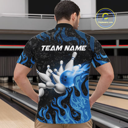 Blue Flaming Bowling Jersey For Men Custom Fire Bowling Pin Team Jersey Polo & Quarter Zip Shirts TDM6267
