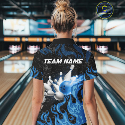 Blue Flaming Bowling Jersey For Women Custom Fire Bowling Pin Team Jersey Polo & Quarter Zip Shirts TDM6267