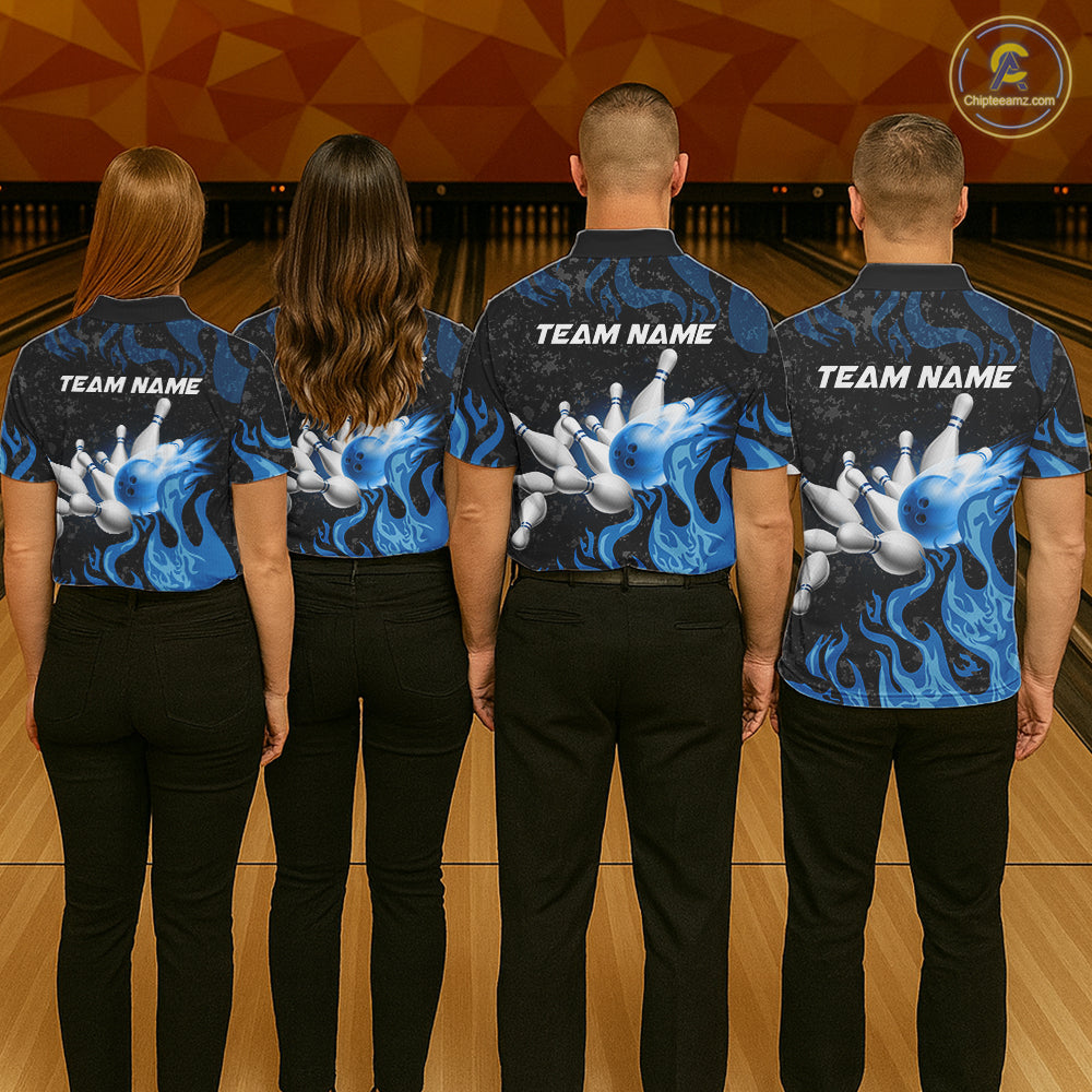 Blue Flaming Bowling Jersey For Women Custom Fire Bowling Pin Team Jersey Polo & Quarter Zip Shirts TDM6267