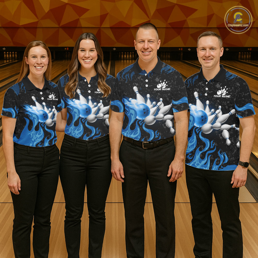 Blue Flaming Bowling Jersey For Women Custom Fire Bowling Pin Team Jersey Polo & Quarter Zip Shirts TDM6267