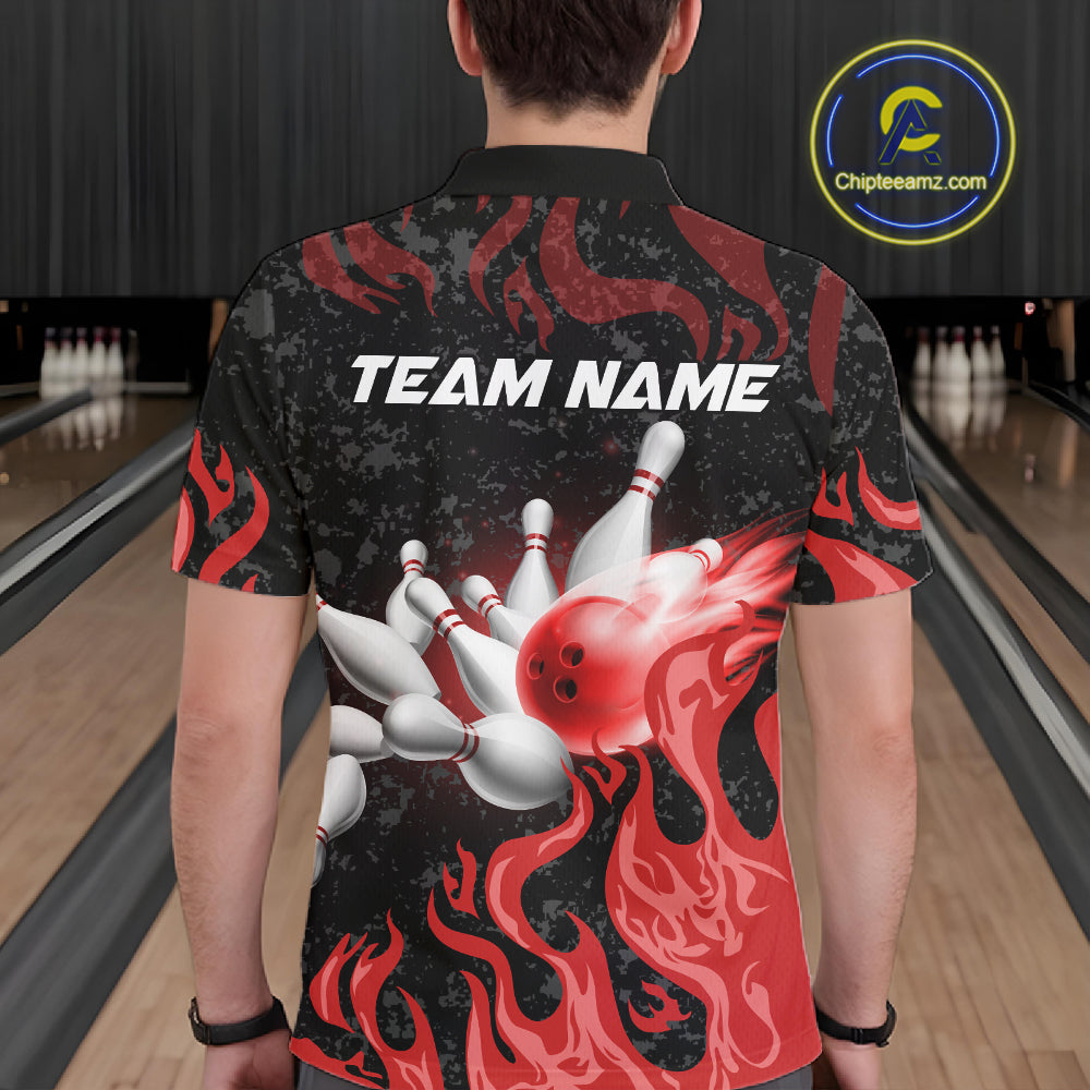 Red Flaming Bowling Jersey For Men Custom Fire Bowling Pin Team Jersey Polo & Quarter Zip Shirts TDM6268