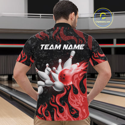 Red Flaming Bowling Jersey For Men Custom Fire Bowling Pin Team Jersey Polo & Quarter Zip Shirts TDM6268