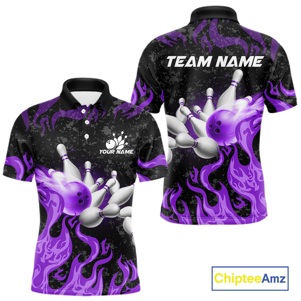 Purple Flaming Bowling Jersey For Men Custom Fire Bowling Pin Team Jersey Polo & Quarter Zip TDM6269