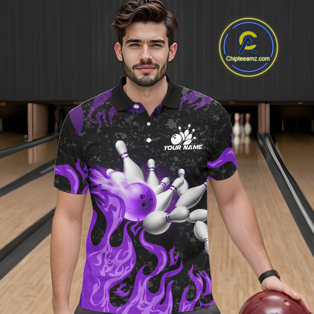 Purple Flaming Bowling Jersey For Men Custom Fire Bowling Pin Team Jersey Polo & Quarter Zip TDM6269