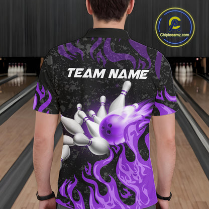 Purple Flaming Bowling Jersey For Men Custom Fire Bowling Pin Team Jersey Polo & Quarter Zip TDM6269