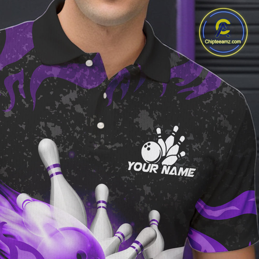 Purple Flaming Bowling Jersey For Men Custom Fire Bowling Pin Team Jersey Polo & Quarter Zip TDM6269