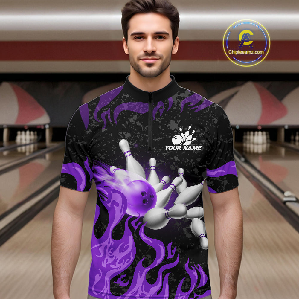 Purple Flaming Bowling Jersey For Men Custom Fire Bowling Pin Team Jersey Polo & Quarter Zip TDM6269