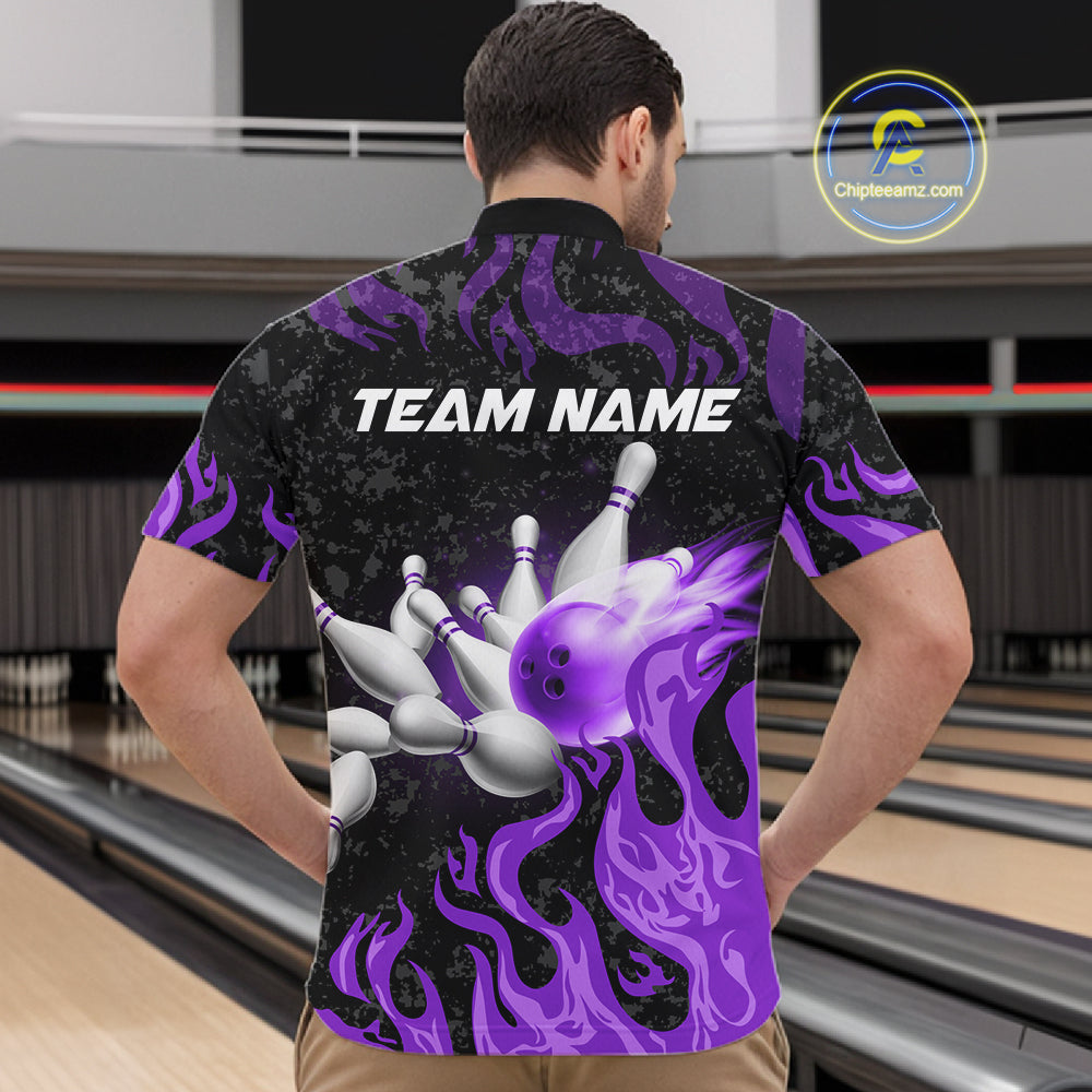 Purple Flaming Bowling Jersey For Men Custom Fire Bowling Pin Team Jersey Polo & Quarter Zip TDM6269