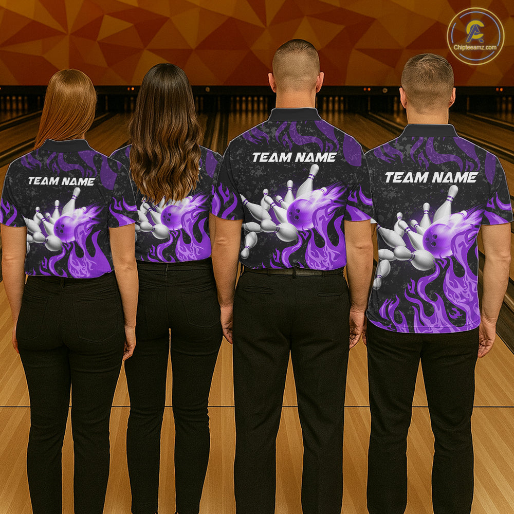 Purple Flaming Bowling Jersey For Women Custom Fire Bowling Pin Team Jersey Polo & Quarter Zip TDM6269