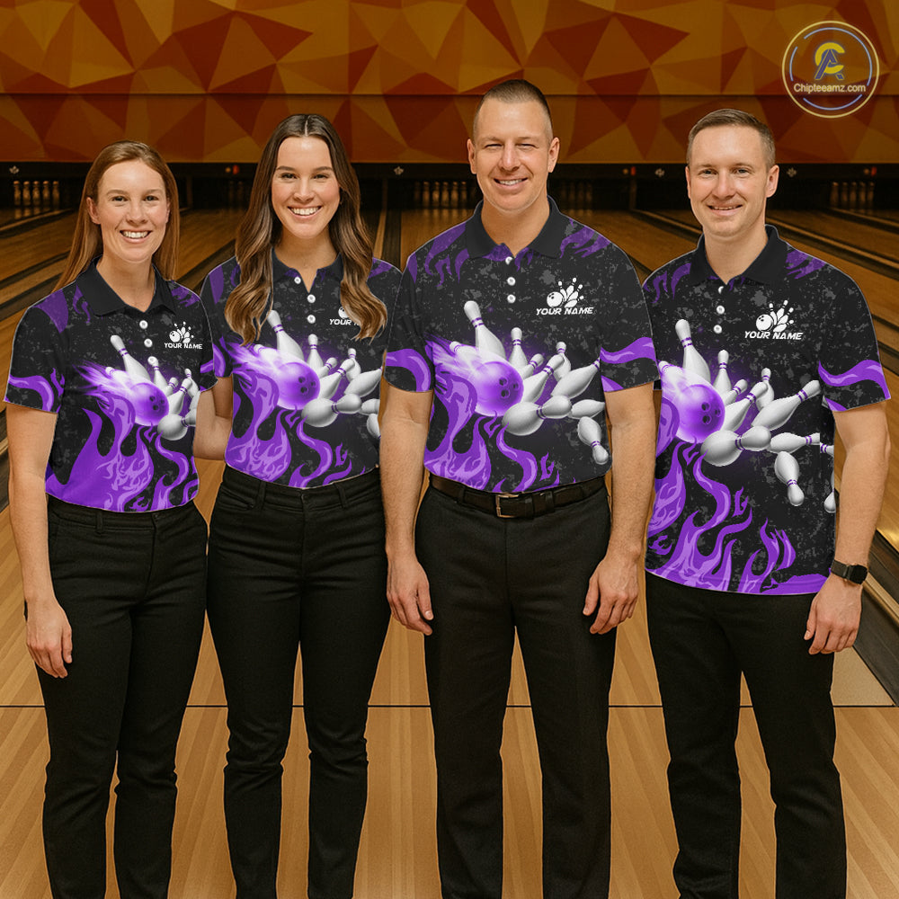 Purple Flaming Bowling Jersey For Women Custom Fire Bowling Pin Team Jersey Polo & Quarter Zip TDM6269