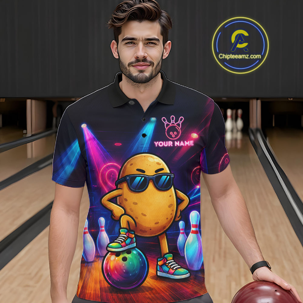 Man wearing personalized funny potato neon bowling team jersey polo shirt featuring colorful neon potato artwork, front view.