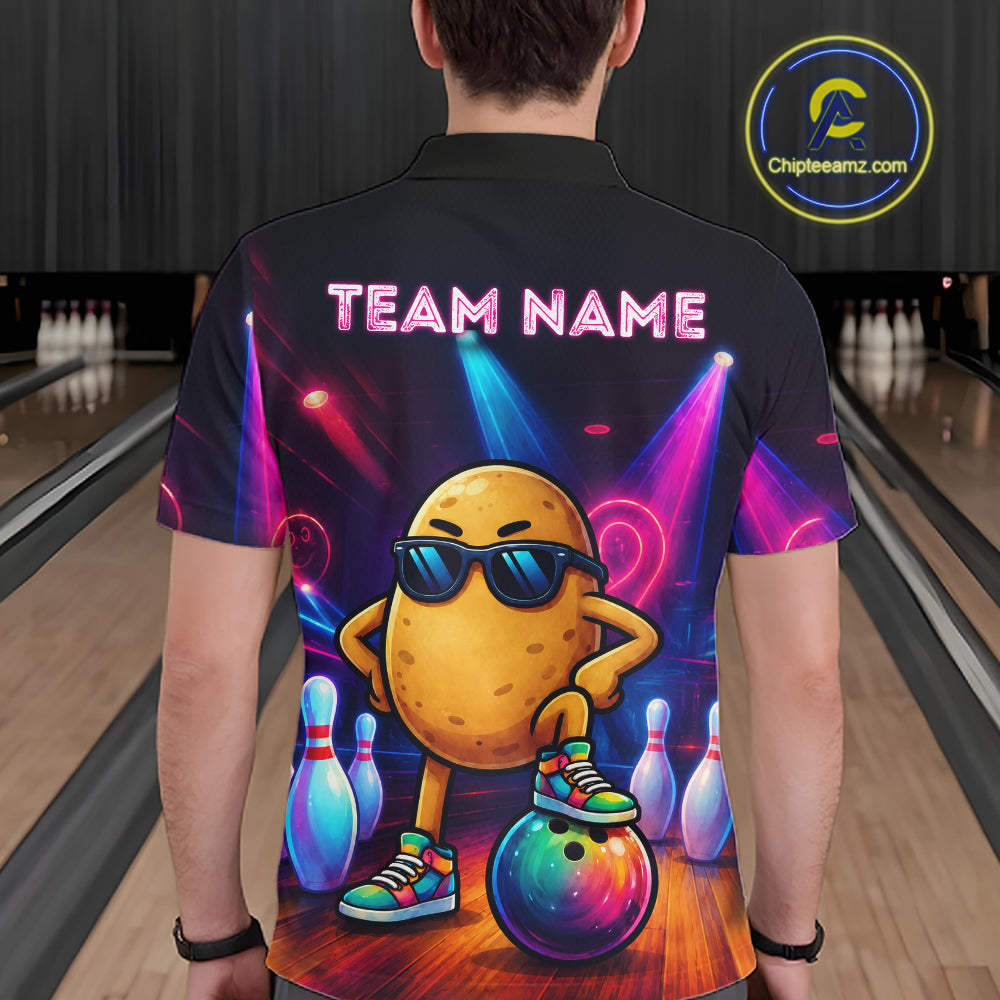 Man wearing personalized funny potato neon bowling team jersey polo shirt featuring colorful neon potato artwork, back view.