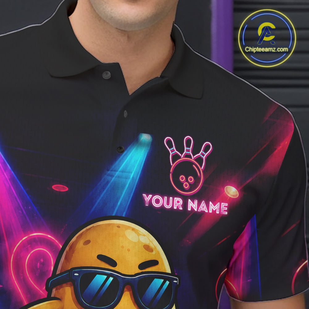 Close-up of the personalized funny potato neon bowling team jersey polo shirt showing the collar, buttons, premium performance fabric and detailed neon potato graphics.