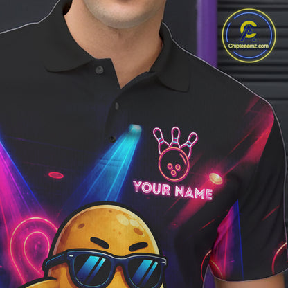 Close-up of the personalized funny potato neon bowling team jersey polo shirt showing the collar, buttons, premium performance fabric and detailed neon potato graphics.