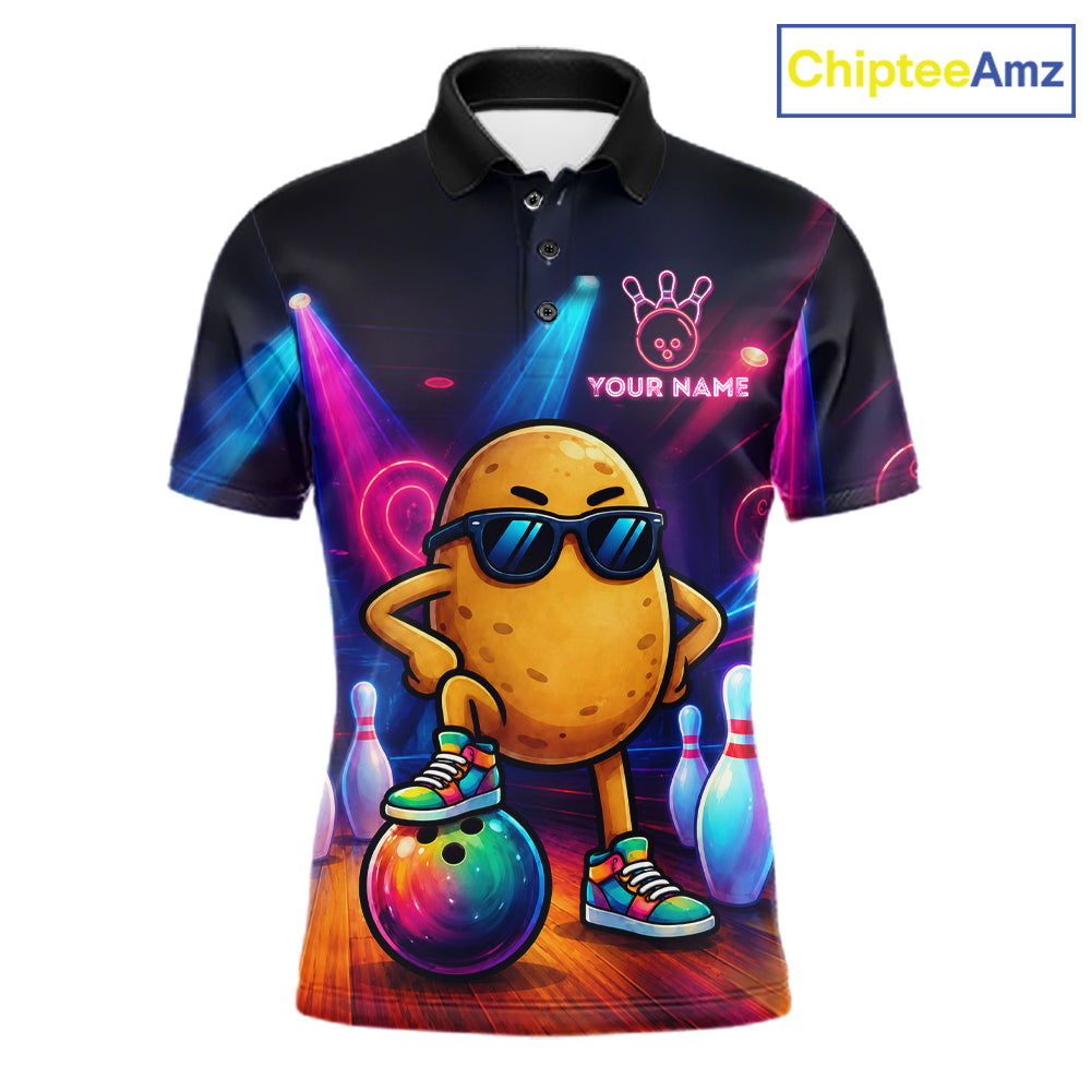Personalized funny potato neon bowling team jersey polo shirt for men featuring a colorful neon potato character design, premium custom bowling league apparel, perfect bowling gifts for tournaments and league play.
