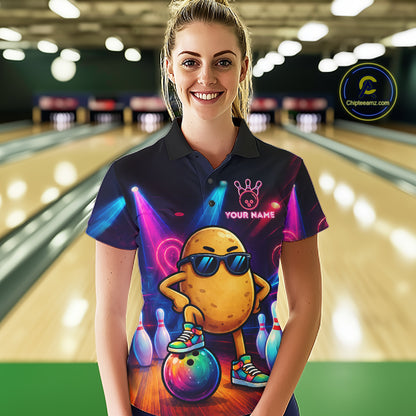 Woman wearing personalized funny potato neon bowling team jersey polo shirt featuring colorful neon potato artwork, front view.
