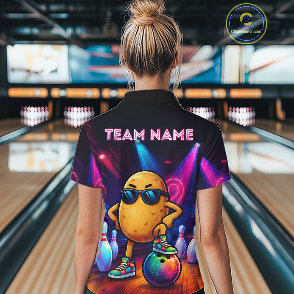 Woman wearing personalized funny potato neon bowling team jersey quarter zip shirt featuring colorful neon potato artwork, back view.