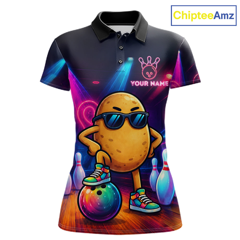 Personalized funny potato neon bowling team jersey polo shirt for women featuring a colorful neon potato character design, premium custom bowling league apparel, perfect bowling gifts for tournaments and league play.