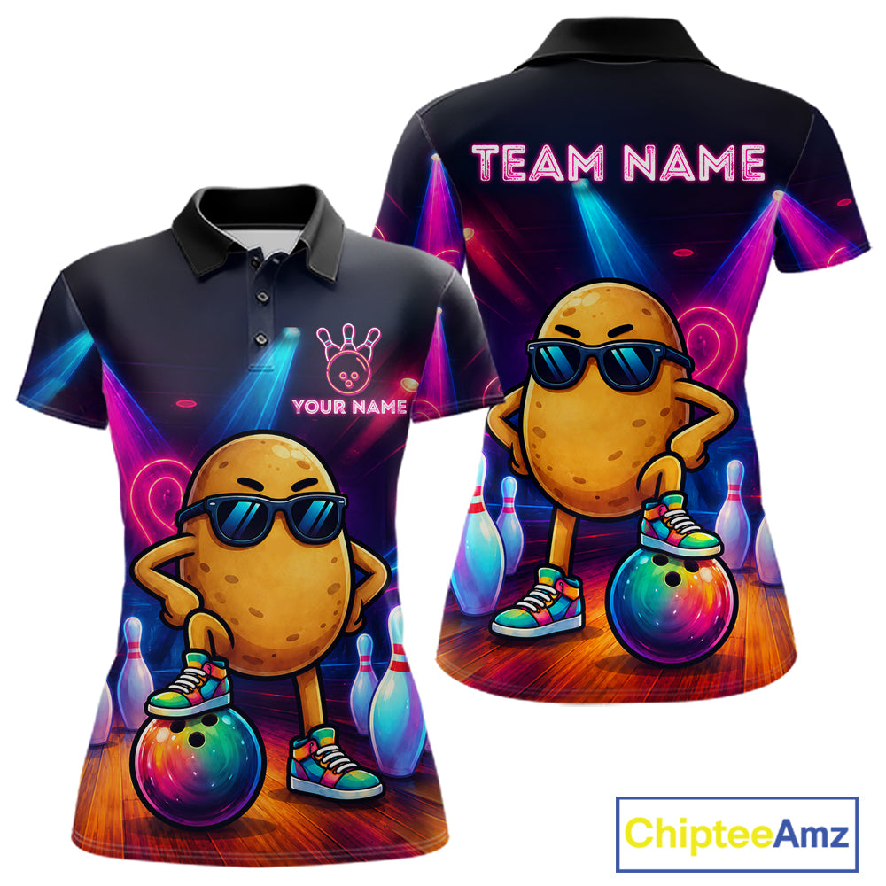 Personalized funny potato neon bowling team jersey polo shirt for women featuring a colorful neon potato character design, premium custom bowling league apparel, perfect bowling gifts for tournaments and league play.