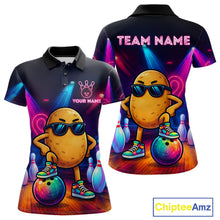 Load image into Gallery viewer, Personalized funny potato neon bowling team jersey polo shirt for women featuring a colorful neon potato character design, premium custom bowling league apparel, perfect bowling gifts for tournaments and league play.