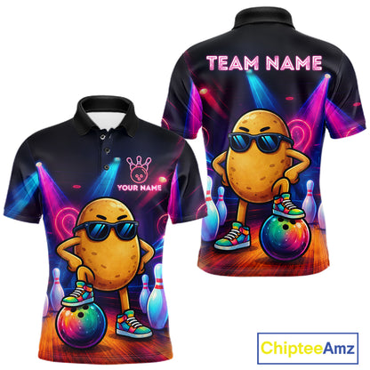 Personalized funny potato neon bowling team jersey polo shirt for men featuring a colorful neon potato character design, premium custom bowling league apparel, perfect bowling gifts for tournaments and league play.