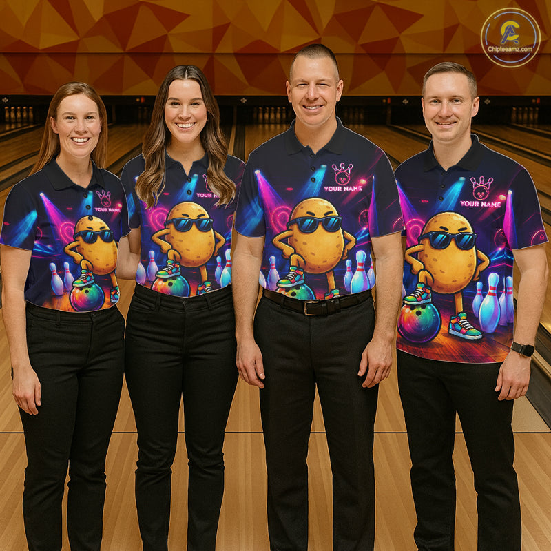 Bowling team wearing matching personalized funny potato neon bowling team jerseys featuring vibrant neon potato graphics, front view.