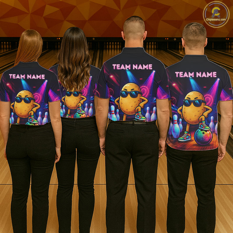 Bowling team wearing matching personalized funny potato neon bowling team jerseys featuring vibrant neon potato graphics, back view.