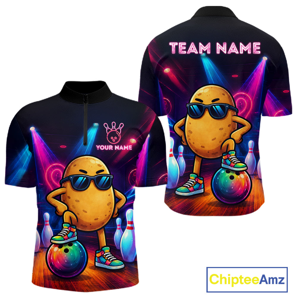 Personalized funny potato neon bowling team jersey quarter zip shirt for men featuring vibrant neon potato artwork, premium custom bowling league apparel for competitive bowlers.