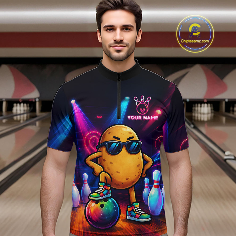 Man wearing personalized funny potato neon bowling team jersey quarter zip shirt featuring colorful neon potato artwork, front view.