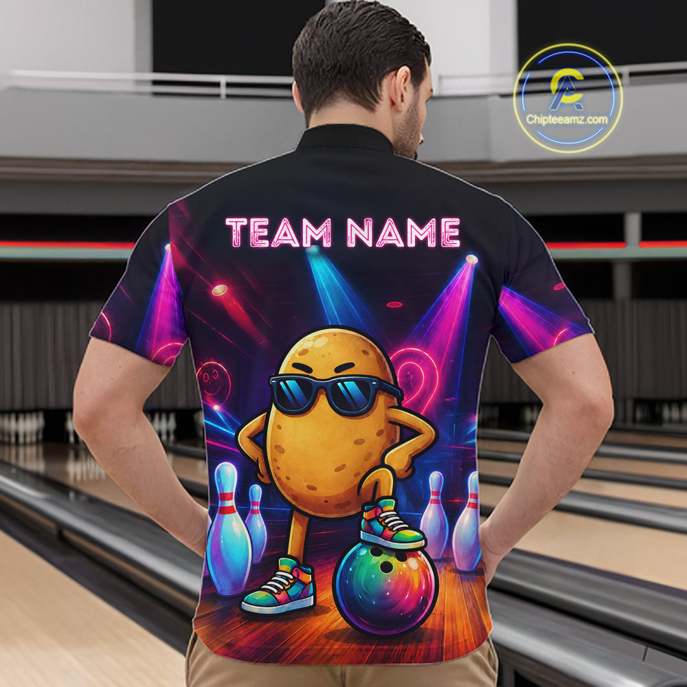 Man wearing personalized funny potato neon bowling team jersey quarter zip shirt featuring colorful neon potato artwork, back view.