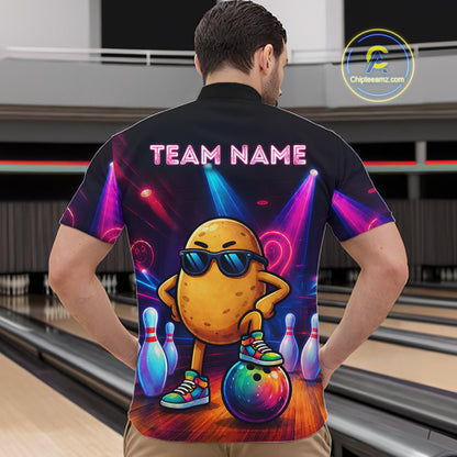 Man wearing personalized funny potato neon bowling team jersey quarter zip shirt featuring colorful neon potato artwork, back view.
