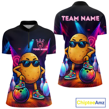 Personalized funny potato neon bowling team jersey quarter zip shirt for women featuring vibrant neon potato artwork, premium custom bowling league apparel for competitive bowlers.