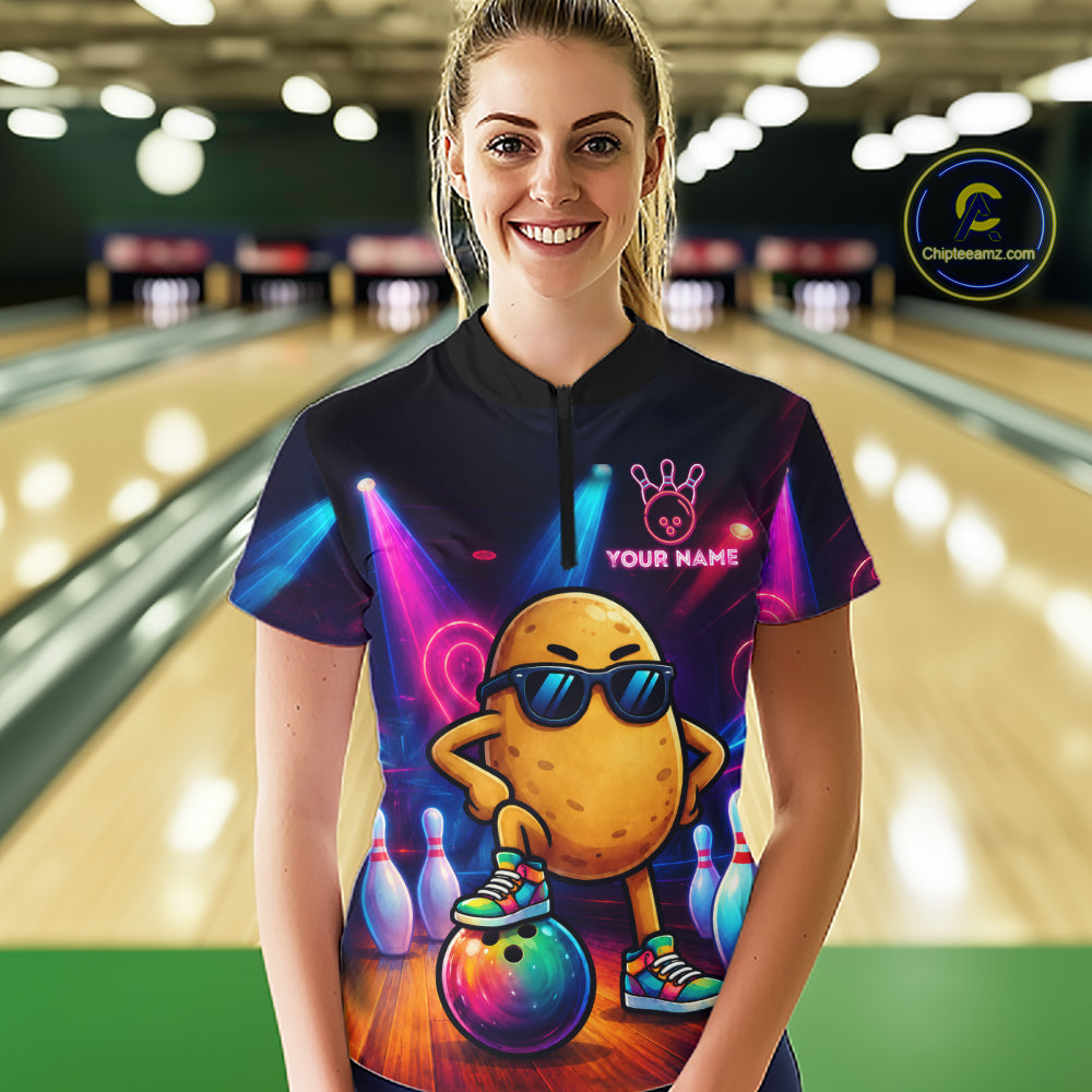 Woman wearing personalized funny potato neon bowling team jersey polo shirt featuring colorful neon potato artwork, front view.