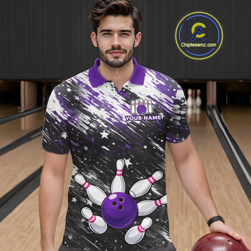 Personalized Grunge Bowling Shirt For Men Custom Bowling Polo & 1/4 Zip, Bowling Uniform |Purple TDM6274