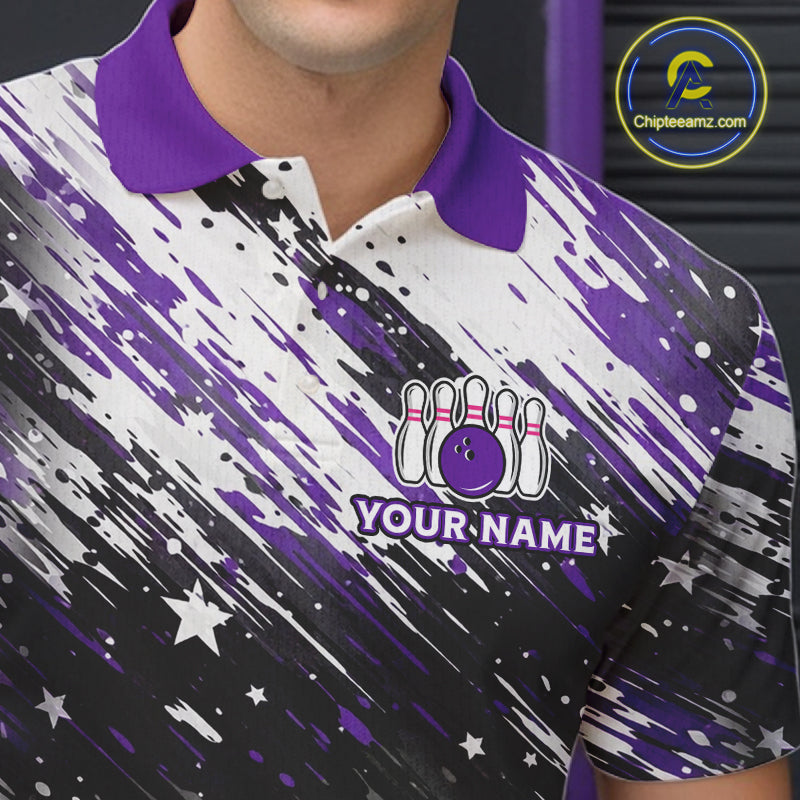 Personalized Grunge Bowling Shirt For Men Custom Bowling Polo & 1/4 Zip, Bowling Uniform |Purple TDM6274