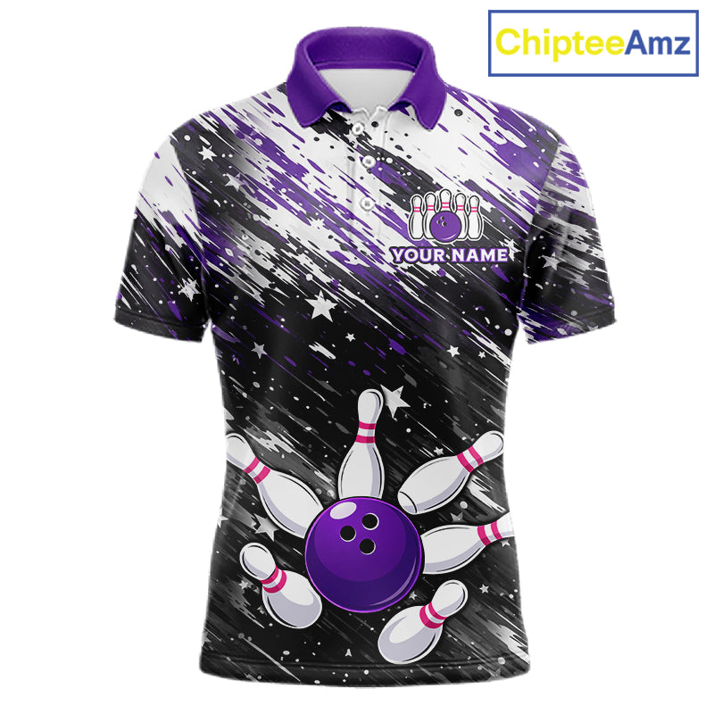 Personalized Grunge Bowling Shirt For Men Custom Bowling Polo & 1/4 Zip, Bowling Uniform |Purple TDM6274