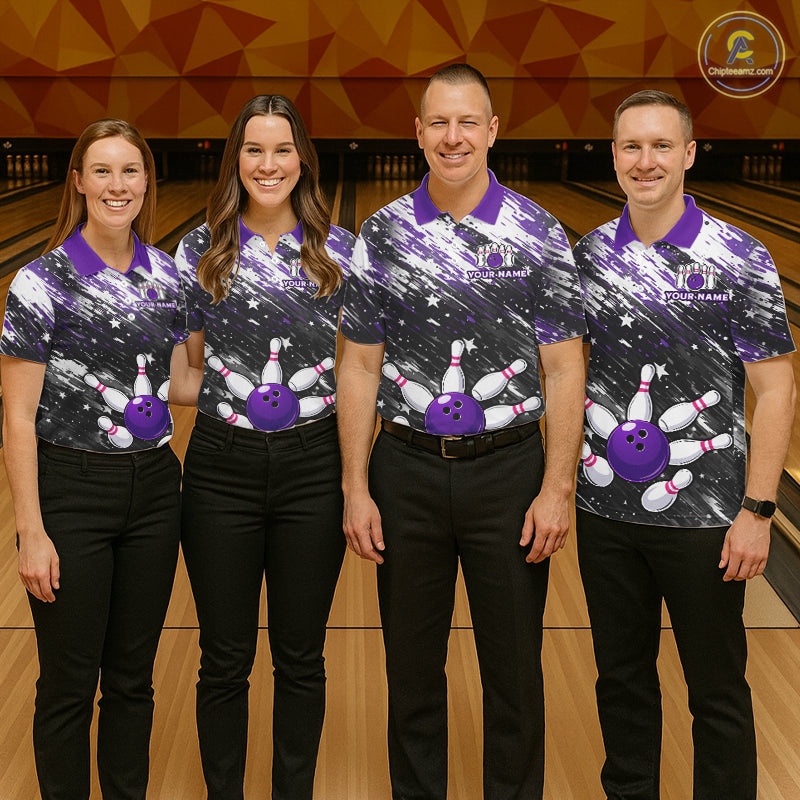 Personalized Grunge Bowling Shirt For Men Custom Bowling Polo & 1/4 Zip, Bowling Uniform |Purple TDM6274