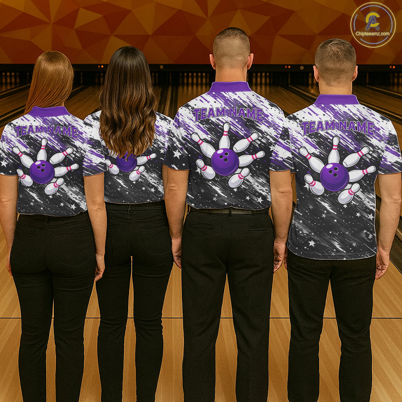 Personalized Grunge Bowling Shirt For Men Custom Bowling Polo & 1/4 Zip, Bowling Uniform |Purple TDM6274