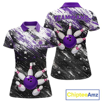 Personalized Grunge Bowling Shirt For Women Custom Bowling Polo & 1/4 Zip, Bowling Uniform |Purple TDM6274