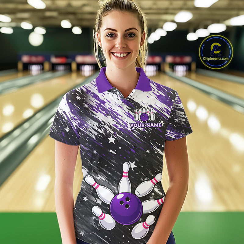 Personalized Grunge Bowling Shirt For Women Custom Bowling Polo & 1/4 Zip, Bowling Uniform |Purple TDM6274