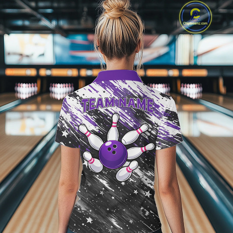 Personalized Grunge Bowling Shirt For Women Custom Bowling Polo & 1/4 Zip, Bowling Uniform |Purple TDM6274