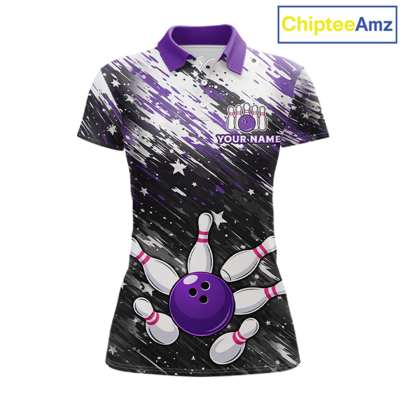 Personalized Grunge Bowling Shirt For Women Custom Bowling Polo & 1/4 Zip, Bowling Uniform |Purple TDM6274