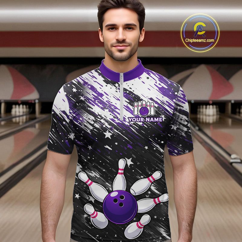 Personalized Grunge Bowling Shirt For Men Custom Bowling Polo & 1/4 Zip, Bowling Uniform |Purple TDM6274