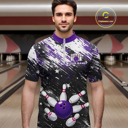 Personalized Grunge Bowling Shirt For Men Custom Bowling Polo & 1/4 Zip, Bowling Uniform |Purple TDM6274